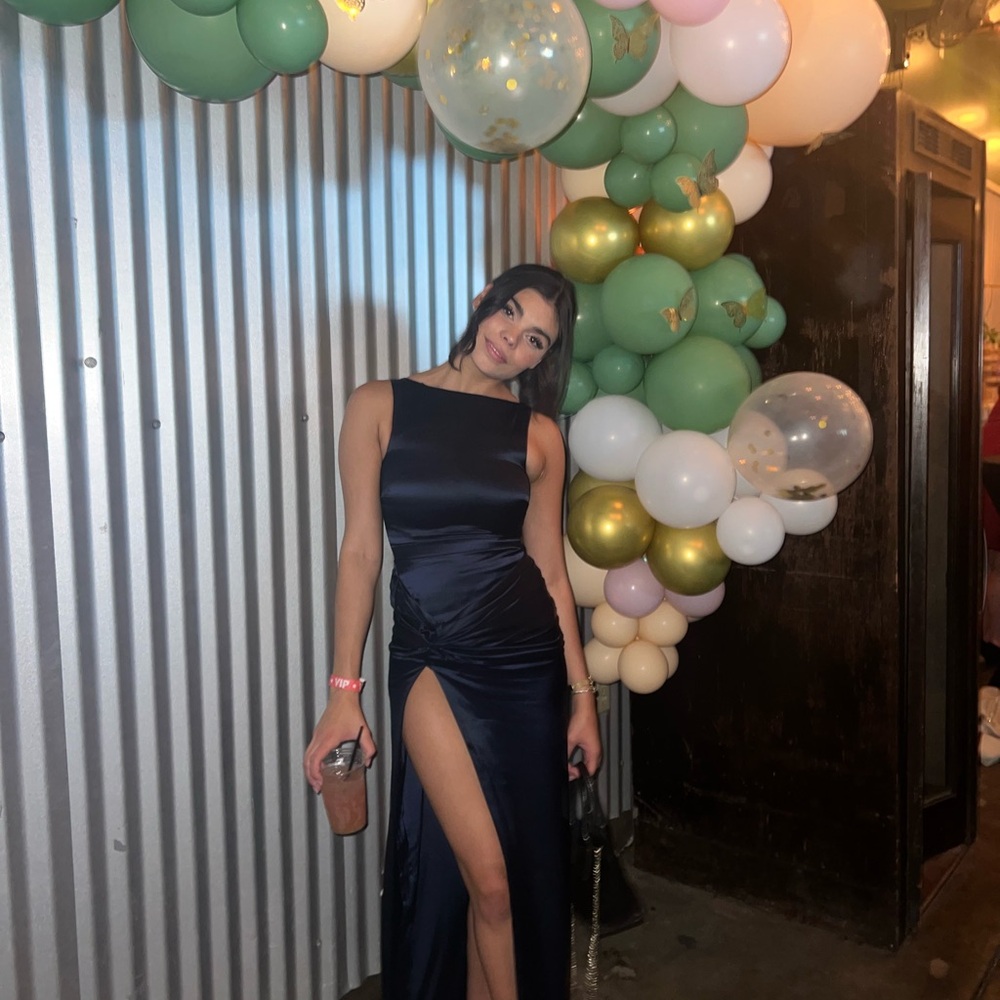 Elegant Navy House of CB Evening Gown with High Slit